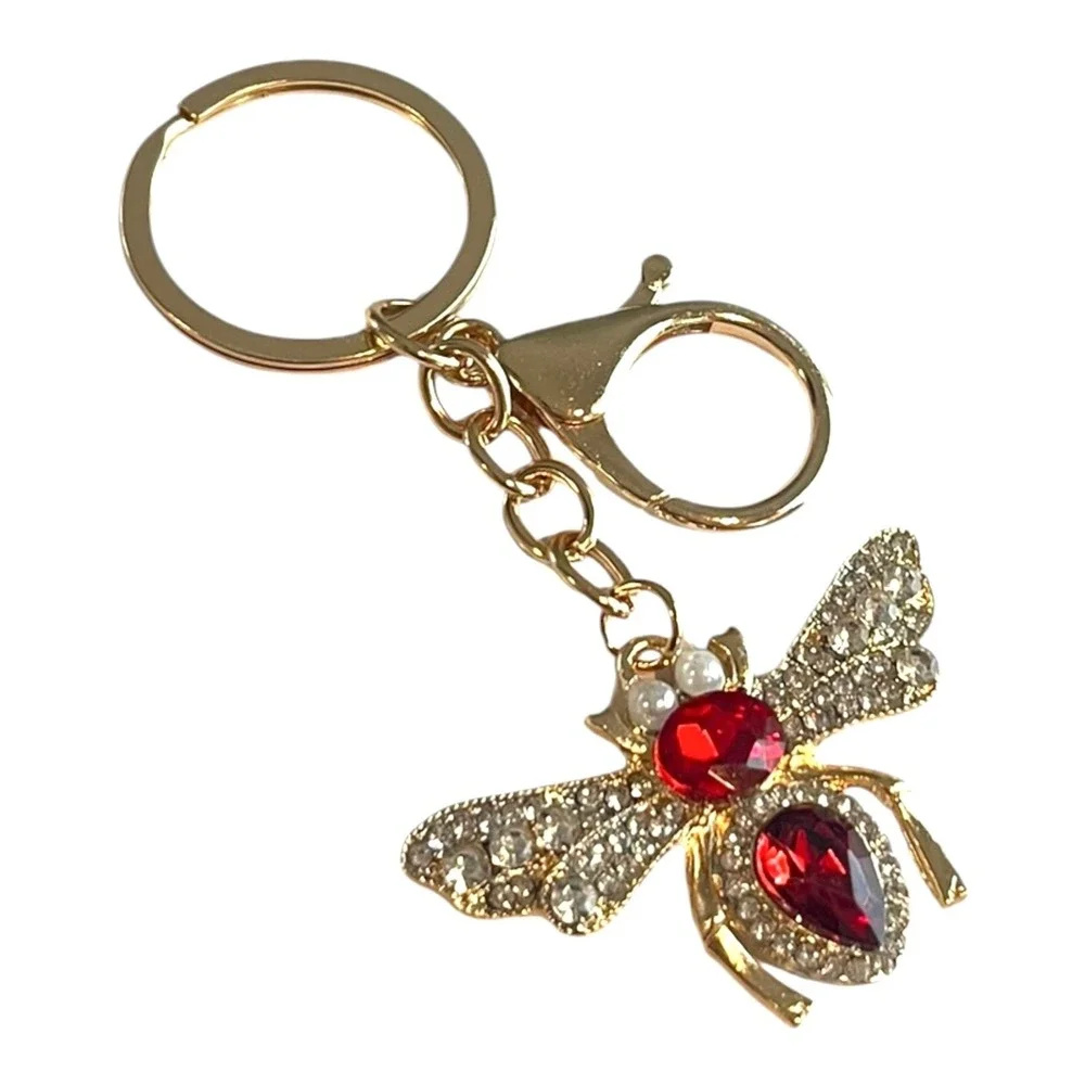 Women's Gold Red Clear Rhinestone Bee Charm Key Chain 4